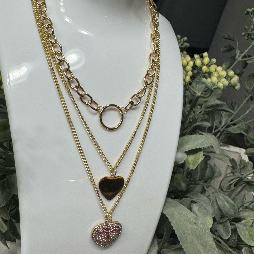 Stainless steel Gold and Pink Heart Pendant Necklace Set